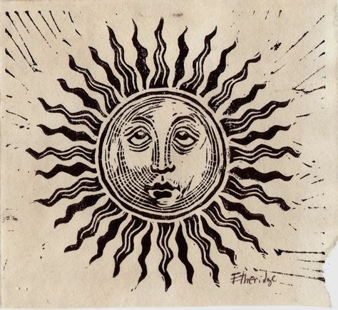 Sun Lino Print, Sun Linocut, Sun Images, Sun Faces, Relief Prints, Stained Paper, Sun Drawing, Tea Stained Paper, Linocut Printmaking