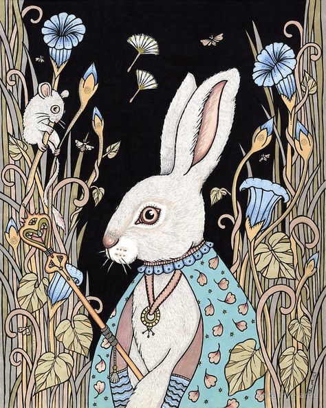 "Waiting For The White Queen" by Anita Inverarity | Redbubble Anita Inverarity, White Rabbit Alice In Wonderland, The White Queen, Original Ink Drawing, Rabbit Art, Bunny Art, White Queen, Adventures In Wonderland, Lewis Carroll