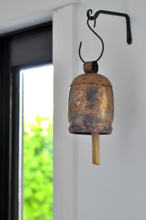 Cow Bell Decor Ideas, Decorating With Bells, Cow Bell Decor, Living Room Window Seat, Cottage Fairytale, Colorful Dining Room, Bell Decor, Antique Bell, Unique Gallery Wall