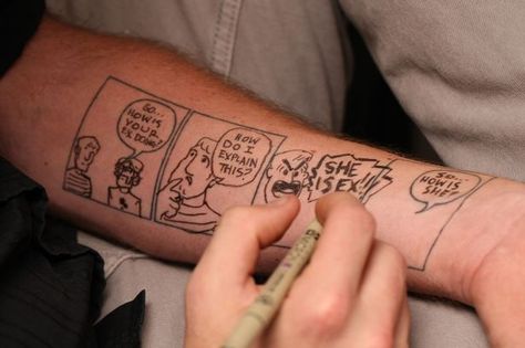 http://www.mirror.co.uk/news/weird-news/comic-book-artist-patrick-yurick-2675419. awesome idea <3 Comic Panel Tattoo, Panel Tattoo, Sin Tattoo, Free Portfolio Template, Comic Panel, Tattoo Culture, Fan Tattoo, Comic Tattoo, Portfolio Template Design