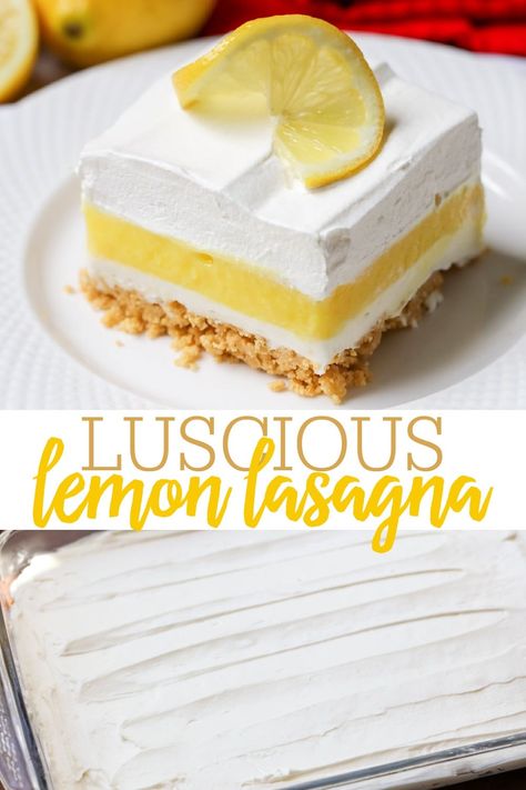 This luscious lemon lasagna consists of 4 tasty layers, including a Lemon Oreo crust, cream cheese layer, lemon pudding layer and topped with whipped cream! So creamy and refreshing—you can't get enough!#lemonlush #lemonlasagna #lemondessert #dessert Lemon Lasagna Dessert, Lemon Lush Recipe, Lemon Lasagna, Lemon Oreo, Lemon Lush Dessert, Lemon Lush, Pudding Flavors, Chocolate Lasagna, Pumpkin Pudding