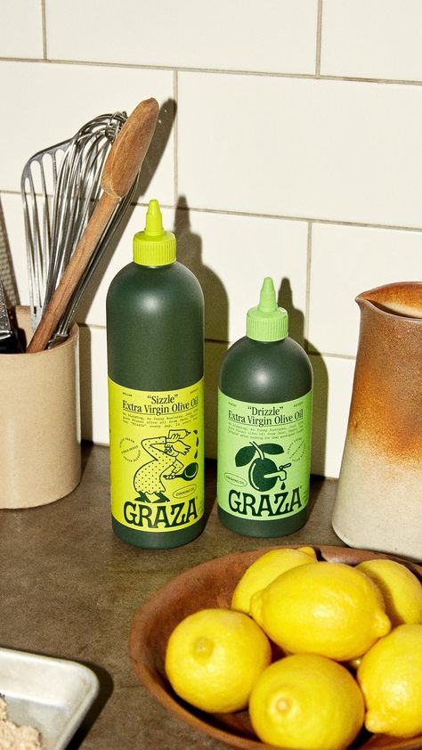 GRAZA | High Quality Olive Oil Graza Olive Oil Branding, Graza Oil, Graza Olive, Olive Oil Container, Every Day In Every Way, Olive Oil Bottle, Tree Tree, Olive Oil Bottles, Green Olives