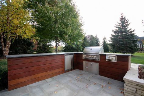 Ipe Outdoor Kitchen, Northville Michigan, Kitchen Bars, Stone Water Features, Earth Landscape, Broken Concrete, Outdoor Kitchen Bars, Landscape Inspiration, Ipe Wood