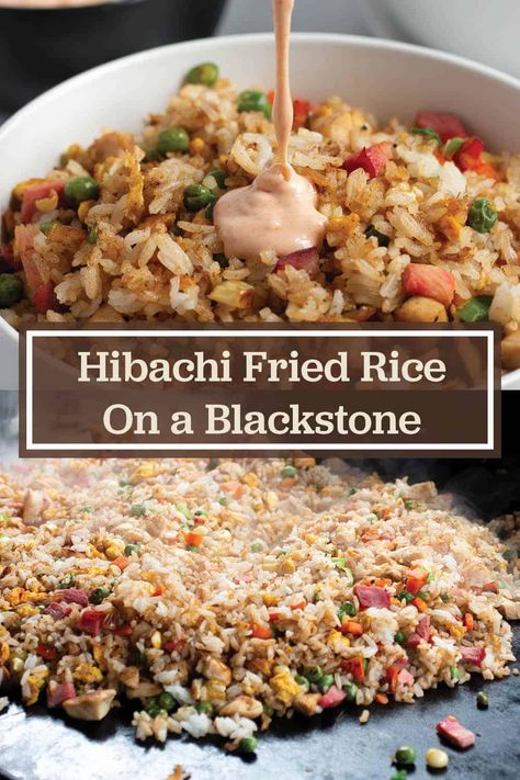 Teppan Grill Fried Rice, Copycat Hibachi Fried Rice, Hibachi Chicken And Fried Rice On Blackstone, Hibachi Steak Fried Rice Recipe, Homemade Hibachi Fried Rice, Asian Griddle Recipes, Fries Rice Recipe Hibachi, Blackstone Fried Rice Chicken, Black Stone Griddle Fried Rice