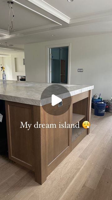 Liz McNeill | West on Twenty on Instagram: "🏝️ dream island is close to completion. this took almost a whole year of planning and it is perfection. Thick mitered edges, custom cabinets to the workstation sink….take this beauty to the next level 🤌🏻   •  •  #tajmahal #kitchen #kitchendesign #kitchenisland #island #dreamisland #dreamhome #customhomes #homebuilder #quartzite #countertops #newhome #homesweethome #homebuilding #interiordesign #homedesign #workstationsink #ruvati #stonefabrication #miteredcorners #miterededge #thickstone #diyinterior #diyinteriordesign #customcabinetry #whiteoak" Kitchen Island With Upper Cabinets, Kitchen Islands Designs, Thick Countertop Kitchen Island, Extending Island Countertop, Square Islands In Kitchen, Mitered Countertop Edge, Wood Island With Sink, Island Cabinet Layout, Island Cabinet Ideas Layout