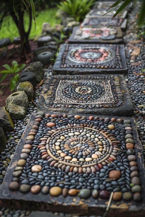 Mosaic Walkway, Decorative Stepping Stones, Rock Pathway, Rock Yard, Stepping Stones Diy, Mosaic Stepping Stones, Front Garden Landscape, Rock Garden Design, Pebble Mosaic