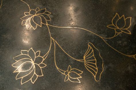 lotus patterned brass inlay on blue tinted cement flooring Factory Entrance, Armenian Church, Inlay Flooring, Terrazzo Floor, Terrazzo Floors, Cabinet Medical, Brass Inlay, Rohit Bal, Puja Room