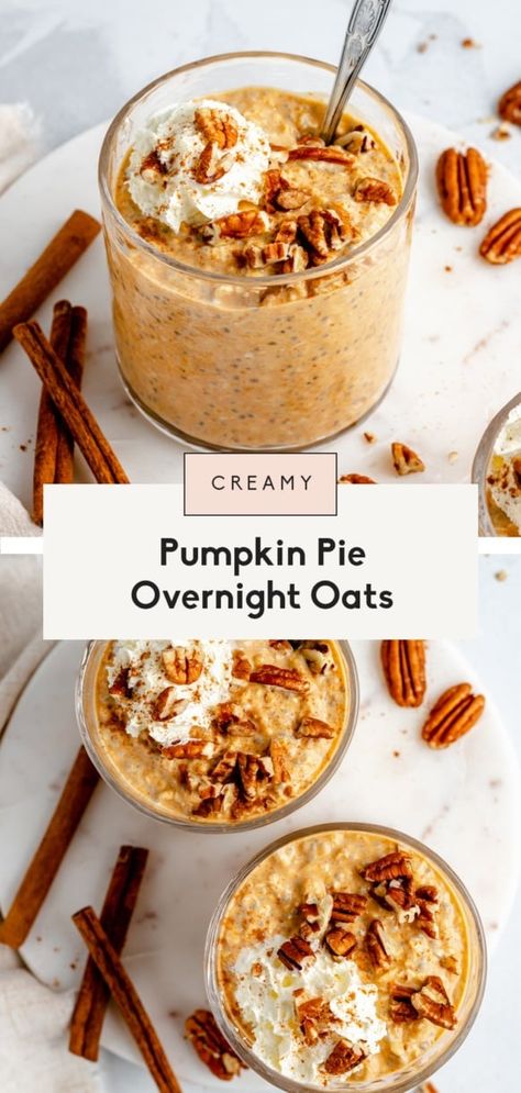 Thick and creamy pumpkin pie overnight oats with chia make the perfect easy breakfast! These healthy pumpkin overnight oats are protein-packed thanks to greek yogurt and naturally sweetened with a bit of pure maple syrup. Top with whatever your heart desires! #overnightoats #oatmeal #pumpkin #pumpkinpie #glutenfree #healthybreakfast Overnight Oats With Chia, Pumpkin Pie Overnight Oats, Creamy Pumpkin Pie, بذور الشيا, Pumpkin Overnight Oats, Pumpkin Pie Oatmeal, Menu Sarapan Sehat, Chia Overnight Oats, Oat Recipes Healthy