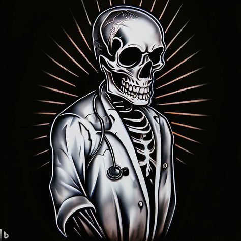 A skeleton in a doctor's coat, holding a stethoscope and looking like a medical professional tattoo art Skeleton Doctor, Skeleton Medical, Doctor Coat, Medical Tattoo, Skeleton Tattoo, Funny Art Prints, Skeleton Tattoos, Funny Skeleton, A Skeleton