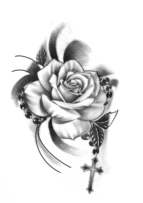 Cross With Rose Tattoo Design, Rose And Cross Drawing, Rosary With Roses Tattoo, Rose With Rosary Tattoo Design, Rose And Rosary Tattoo Design, Rose And Cross Tattoos For Women Design, Rose Tattoo With Rosary, Rosary Tattoo Design Drawing, Rose Rosary Tattoo