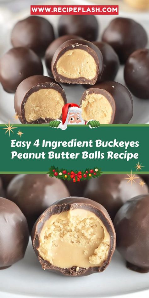 Get ready for the holidays with Easy 4 Ingredient Buckeyes Peanut Butter Balls! These no-fuss Christmas desserts are packed with flavor and perfect for sharing. Enjoy the delightful combination of creamy peanut butter and smooth chocolate. Make your Christmas extra special with these delectable treats everyone will adore! Easy Christmas Peanut Butter Balls, Dessert Balls Recipes, Best Buckeye Balls Recipe, Chocolate Peanut Butter Snacks, Gluten Free Buckeyes, Easy Peanut Butter Balls 4 Ingredients, 4 Ingredient Peanut Butter Balls, Healthy Buckeye Balls, Peanut Butter Balls Recipe 3 Ingredients