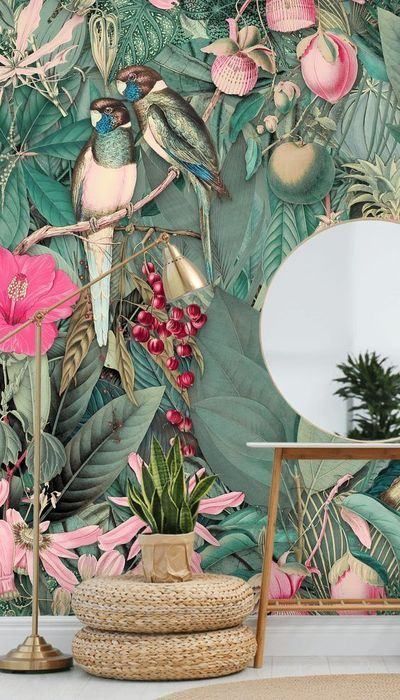 Tropical Paradise Wallpaper, Pink And Green Wallpaper, Simple Bed Designs, Paradise Wallpaper, Wooden Bed Design, Bed Design Modern, Green Backdrops, Gorgeous Bedrooms, Jungle Wallpaper