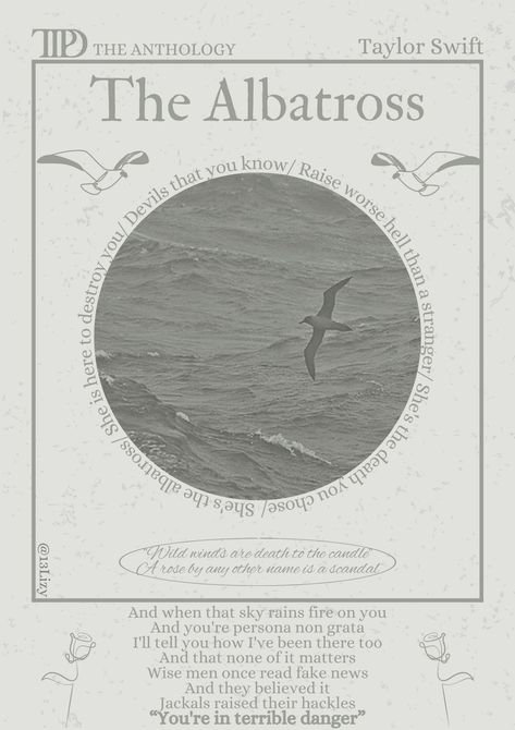 The Albatross- Taylor Swift- TTPD- the tortured poets department- poster- music poster- room poster The Albatross, Music Journal, Taylor Songs, Taylor Swift Posters, Tour Posters, Music Mood, Taylor Swift Wallpaper, Taylor Swift Songs, Taylor Swift Lyrics