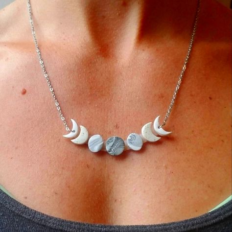 Polymer Clay Moon Phase Necklace, Moon Phases Necklace, Celestial Necklace Full Moon Earrings, Zodiac Clay Art, Clay Moon Necklace, Cute Clay Necklace Ideas, Moon Phase Clay Earrings, Polymer Clay Fantasy Jewelry, Handmade Souvenirs Ideas, Moon Phase Necklace, Polymer Clay With Crystals