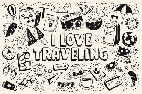 Free vector collection of travel monochr... | Free Vector #Freepik #freevector #assortment #collection #hand-drawn #doodle Space Travel Illustration, Icon Doodles, Travel Bujo, Crochet Travel, Travel Doodles, Mirror Drawings, Doodle Wall, Doddle Art, Doodle Background