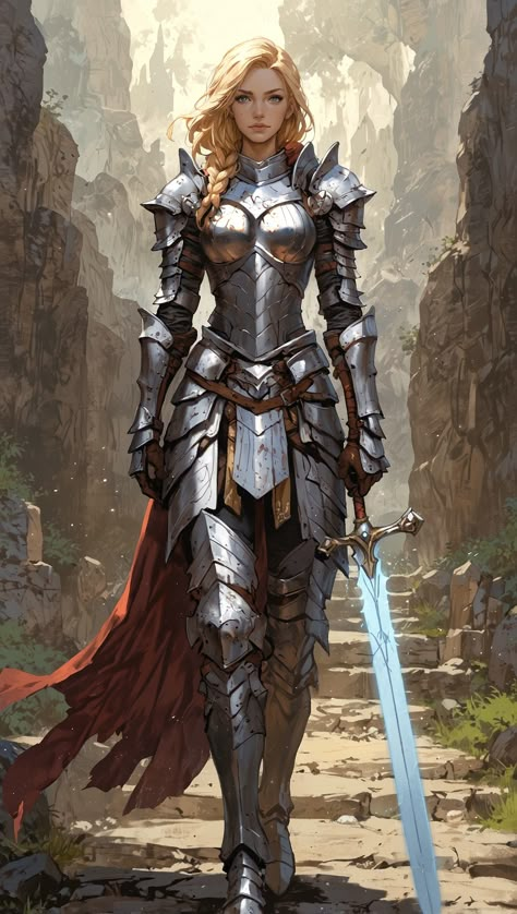 🏰 Echoes of Light: The Paladin's Quest In a realm of echoes and stone, the paladin, clad in silver armor reflecting the somber light, undertakes a solemn march through the towering canyon. A silent vow binds her to the pursuit of an ancient evil that festers below. Her blade, imbued with ethereal light, is the key to sealing away darkness, a beacon against the encroaching shadow. With conviction in her heart and the weight of her cause carried like a queen's mantle, she advances, for in her ... Dragon Armor Art, Fantasy Stadium, Knight Female Art, Knight Woman Art, Woman In Armor Art, Armour Women Lady Knight, Medieval Oc, Female Paladin, Human Paladin