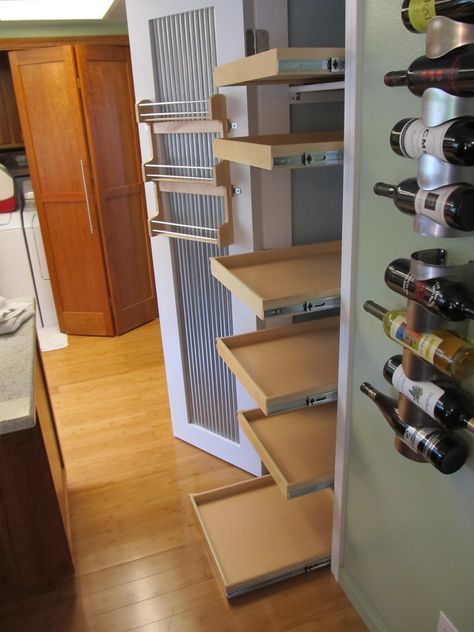 Deep closet organization Kitchen Work Space, Narrow Pantry, Deep Closet, Slide Out Shelves, Kitchen Innovation, Narrow Cabinet, Narrow Shelves, Craftsman Kitchen, Narrow Kitchen