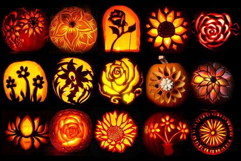 Flower Carving Pumpkin, Pumpkin Carving Ideas Floral, Pumpkin Carving Sunflower, Beautiful Pumpkin Carving Ideas, Flower Carved Pumpkin, Beautiful Pumpkin Carving, Flower Pumpkin Carving Stencils, Pumpkin Carving Flowers, Pumpkin Carving Ideas Flowers