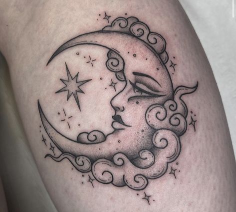 Lady And Moon Tattoo, Celestial Cloud Tattoo, Moon With Face Tattoo Designs, Traditional Style Moon Tattoo, Elegant Moon Tattoo, Spooky Moon Tattoo, Moon Tattoo With Clouds, Celestial Sun And Moon Tattoo, Woman Moon Tattoo