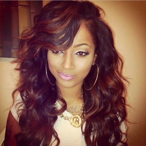 Black Women Dark Chocolate color Chic Sew-In Hairstyles Long Curly Weave, Wavy Weave Hairstyles, Wavy Weave, Side Bangs Hairstyles, Sew In Hairstyles, Curly Weave Hairstyles, Asymmetrical Hairstyles, Sew In, Women Hairstyles