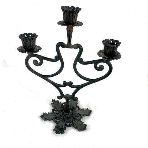 Vintage Halloween Black Cast Iron Candelabra 3 Candle Holders Gothic Leaf Base Spooky Excellent Condition by ThePuppeTree on Etsy Gothic Candelabra Centerpiece, Goth Candelabra Centerpiece, Gothic Setting, Candleabras Gothic, Goth Candle Holder, Iron Candlesticks, Gothic Candelabra Vintage, Halloween Black, Fireplace Mantle