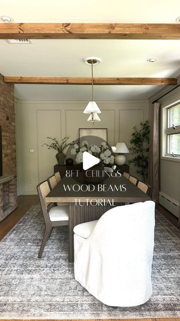 Elisa Mastrocolla on Instagram: "So many questions about my dining room wood beams lately!  How tall are my ceilings? Are they faux beams?  Did you make your beams?  How did you make them?   Here is a quick tutorial! Please let me know if you have any more questions!   ##diyprojects #interiordesign #diningroomideas #diningroomdecor #diningroomdesign #woodbeams #organicmodern" Wood Beams On 8ft Ceiling, Wood Beam Ceiling Living Room, Faux Wood Beams Ceiling, Wood Beams In Kitchen, Wrapped Beams, Faux Wooden Beams, Living Room Fire Place, Stained Wood Beams, Ceiling Beams Living Room