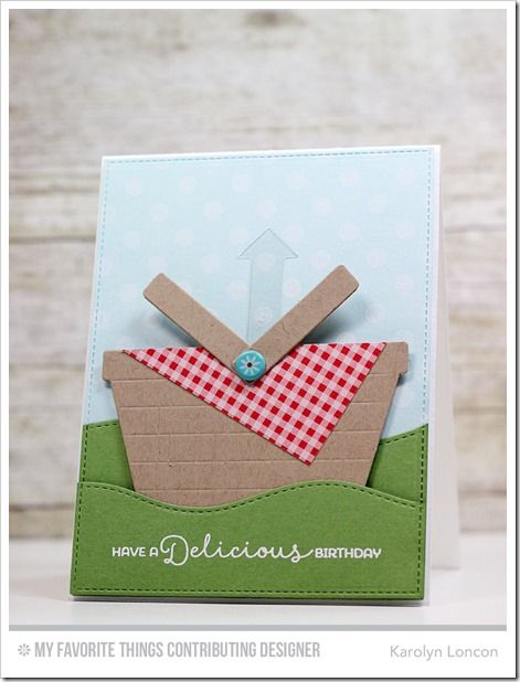 Delicious Birthday, Polka Dot Background, Blueprints 13 Die-namics, Gift Card Grooves Die-namics, Picnic Basket Die-namics, Stitched Snow Drifts Die-namics - Karolyn Loncon  #mftstamps Picnic Cards Ideas, Paper Picnic Basket, My Favorite Things Gift, Build A Bear Party, Cherry Party, Freedom Girl, 80s Birthday Parties, Picnic Gifts, Picnic Theme