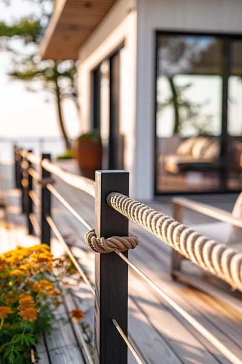 Rope Deck Railing Ideas for Stylish Outdoor Spaces Beach House Deck Railing, Deck With Rope Railing, Lake Decks Ideas, Nautical Deck Railing, Lakefront Deck Ideas, Nautical Fence Ideas, Rope Railings For Deck, Lake Deck Ideas, Rope Deck Railing Ideas