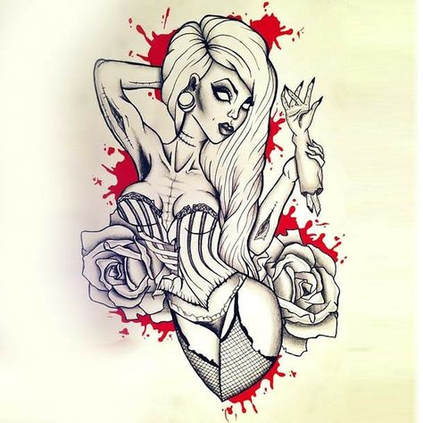 Drawing Zombie, Zombie Tattoo, Biomechanical Tattoo Design, Blood Tattoo, Cool Cartoon Drawings, Zombie Pin Up, Zombie Drawings, Zombie Tattoos, Evil Skull Tattoo