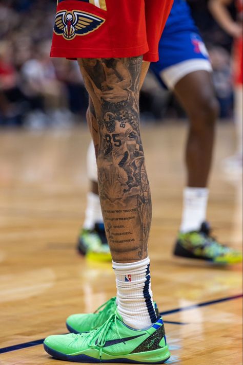 Mens Hamstring Tattoo, Creative Leg Tattoos Men, Lower Leg Sleeve Tattoo Mens, Jalen Green Leg Tattoo, Patch Work Leg Sleeve Tattoo Men, Athletes Tattoos, Sports Leg Tattoo Men, Calve Sleeve Tattoo, Men's Leg Tattoos