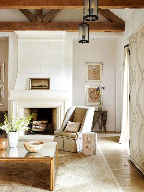 Cozy Elegance - Liked @ www.homescapes-sd.com #staging San Diego home stager (760) 224-5025 Reclaimed Wood Beams, Family Room Fireplace, White Fireplace, Home Fireplace, Fireplace Makeover, Fireplace Design, Contemporary Living Room, A Living Room, Fireplace Surrounds