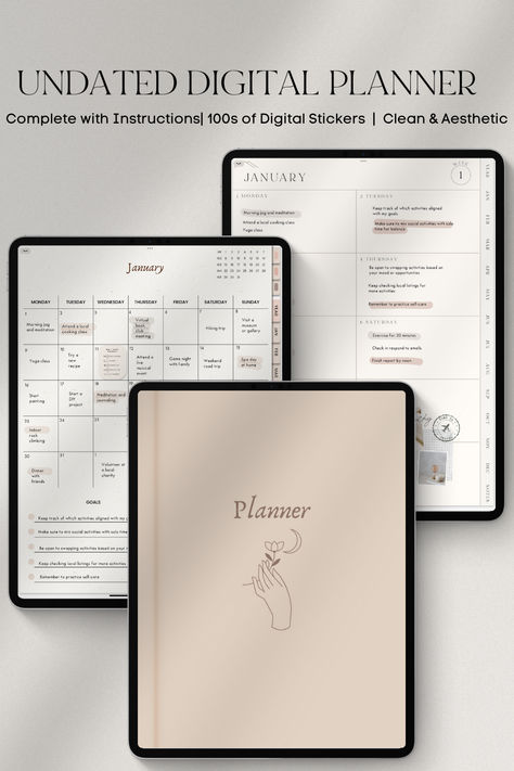 Plan out the details of your day all in one organized place with this hyperlinked digital planner. Comes with 100s of digital stickers. Clean, aesthetic, and minimal design. Monthly, weekly, and daily planning layouts. Use in GoodNotes, Notability, Noteshellf, or Samsung Note. Digital Planner Inspo Aesthetic, Aesthetic Digital Planner, Hyperlinked Digital Planner, Planners For Ipad, Samsung Notes, Undated Digital Planner, Eco Lifestyle, Planner Minimalist, Daily Planning