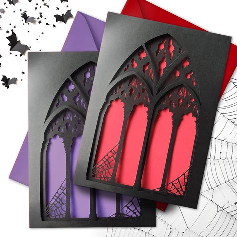 ⛪ Handmade ⛪ Large A5 size ⛪ Envelope included ⛪ Blank inside for your own personalised message ⛪ Suitable for any occasion ⛪ Looks great as a framed keepsake! Celebrate special occasions with our Gothic Arch Greeting Card, a handmade piece that exudes timeless elegance. Crafted with meticulous attention to detail, this three-layered card features a stunning Gothic window design, reminiscent of cathedral arches. The intricate cutouts reveal a coloured interior, adding a pop of vibrant contrast t Gothic Invitation Card, Gothic Birthday Cards Handmade, Gothic Birthday Card, Gothic Packaging, Gothic Window Design, Alternative Valentines Cards, Alternative Valentines, Gothic Window, Gothic Arch