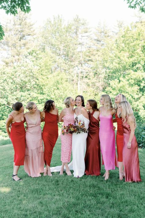 mismatched bridesmaids in pink and red at summer wedding in vermont by harlow and dahlia events Bridesmaids In Pink, Red Wedding Theme, Mismatched Bridesmaids, Vermont Wedding, Red Bridesmaids, Childhood Home, Color Palette Pink, Red Bridesmaid Dresses, Pink Bridesmaid Dresses