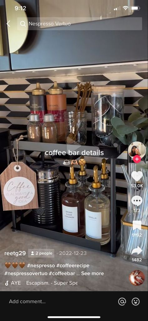 Coffee Cart Organization, Coffee Trolley Ideas, Coffee Pod Organization, Counter Top Coffee Bar Ideas, Nespresso Coffee Bar Ideas Modern, At Home Espresso Bar, Coffee Station Kitchen Countertops, Espresso Set Up, Keurig Coffee Station On Counter