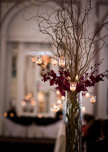 The Autumn Wedding: Curly Willow Branches with Orchid Centerpieces and Decor Vase Hanging, Inexpensive Wedding Centerpieces, Branch Centerpieces Wedding, Branch Centerpieces, Orchid Centerpieces, Curly Willow, Unique Wedding Flowers, Hanging Candles, Flower Centerpieces Wedding