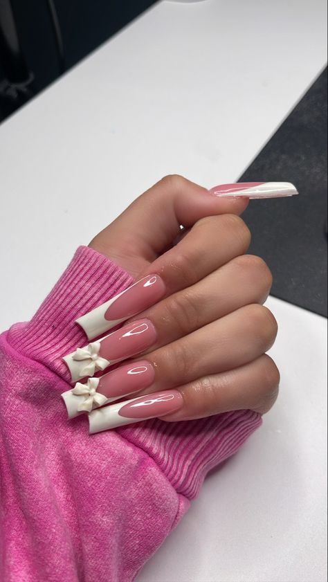 #Frenchtip #nails #coquette #nailinspo #acrylicnails #longnails #fresita #pink Fresita Nail Ideas, Coquette Nails Long, Coquette Valentines Nails, Long Nail Sets, Long Simple Nails, Uñas Coquette, Long French Tip Nails, Nails Coquette, Pink French Nails