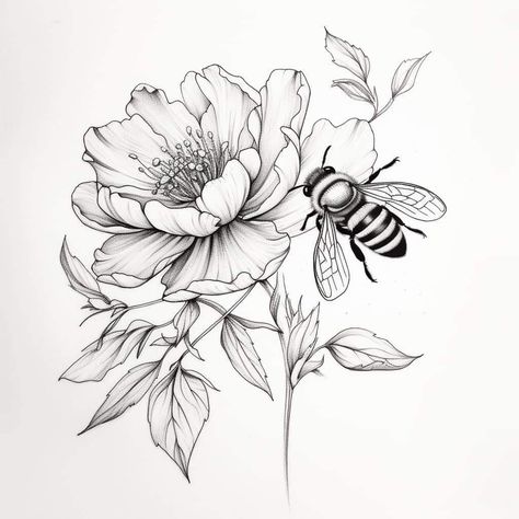 Insect Floral Tattoo, Bees And Flowers Drawing, Bee And Flower Drawing, Bees Drawing, Watercolour Tips, Flower Tats, Poppy Flower Drawing, Embroidery Bird, Hat Burning