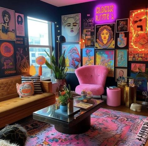 Funky Small Apartments, Salon Suite Decor Colorful, Dopamine Room Decor, Groovy Living Room Decor, Craft Brewery Aesthetic, Dark Eclectic Maximalism, Eclectic Apartment Decor Ideas, Retro Maximalist Decor, Weird Furniture Unique