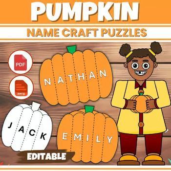 Editable name puzzles pumpkin | TPT Pumpkin Name Craft, Autumn Classroom, Pumpkin Emoji, Halloween Names, Name Recognition, Scissors Crafts, Interactive Powerpoint, Name Crafts, Pumpkin Designs