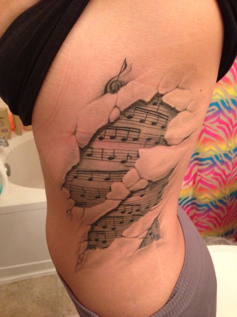 Checkout my awesome tattoo!!! Sorry I don't know how to make it not stretch out :/ Sheet Music Tattoo, Music Sleeve, Best 3d Tattoos, Music Tattoo Sleeves, Tattoo Music, Music Note Tattoo, Music Tattoo Designs, Tattoo Women, 3d Tattoos