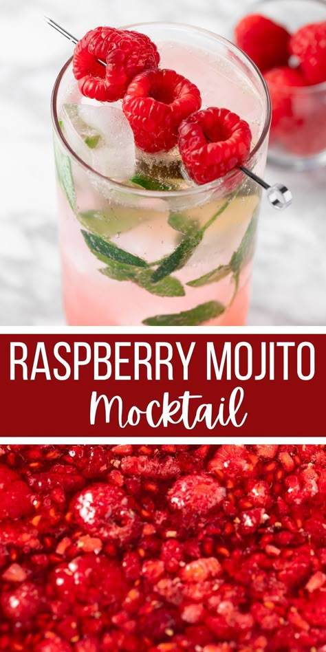 Raspberry Lemonade Mocktails, Raspberry Mojito Mocktail, Easy Non Alcoholic Drinks 3 Ingredients, Mock Mojito Recipe, February Mocktails, Raspberry Mocktail Recipe, Raspberry Mocktails, Mocktails Non Alcoholic Easy, Homemade Raspberry Syrup