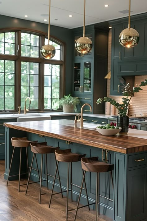 Dive into a world where color breathes life into the heart of your home with our green kitchen ideas. From the subtle elegance of sage to the depth of dark green, explore designs that harmonize farmhouse charm with cottage coziness and a touch of boho flair. Whether you're drawn to light green hues for a fresh, airy feel or richer tones for a more enveloping ambiance, find inspiration to create a kitchen that's both inviting and stylish. Wickes Chester Forest Green Kitchen, Dark Green Cabinets Butcher Block Countertops, Green Cabinets With Bronze Hardware, Kitchen Boho Farmhouse, Butcher Block Island Green Cabinets, Kitchen With Dark Green Countertops, Kitchen Island Half Wood Half Granite, Modern Islands In Kitchen, Kitchen Green Ideas