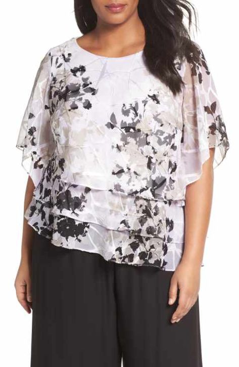 Alex Evenings Tiered Chiffon Top (Plus Size) Dress Over Pants, Printed Chiffon Blouse, Chiffon Shirt Blouse, Tiered Blouse, Alex Evenings, Top Plus Size, Dress Shapes, Blouse Shirt, Chiffon Blouse