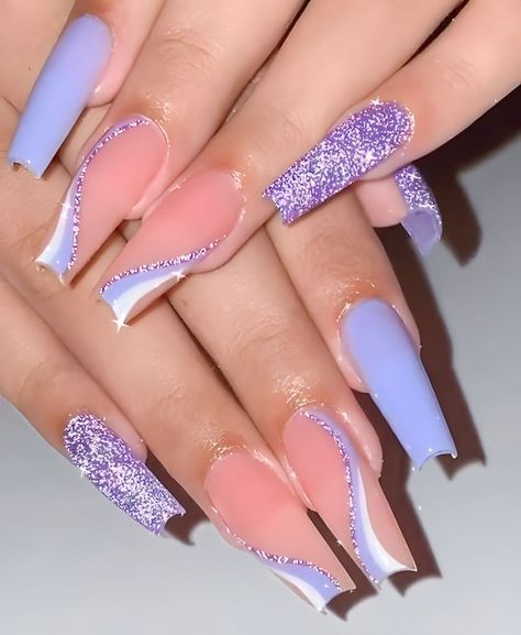 Purple Glitter Nails, Purple Acrylic Nails, Lavender Nails, Colored Acrylic Nails, Girly Acrylic Nails, French Acrylic Nails, Acrylic Nails Coffin Pink, Acrylic Nails Coffin Short, Short Acrylic Nails Designs