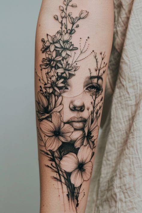 Forearm tattoo of a woman's face surrounded by detailed black and gray flowers. Feminine Portrait Tattoo, Woman Tattoo Portrait, Shoulder Quarter Sleeve Tattoo For Women, Female Profile Tattoo, Large Women Tattoos, Body Art Tattoos Creative, Floral Face Tattoo, Strong Feminine Tattoos, Shoulder Sleeve Tattoos For Women Unique