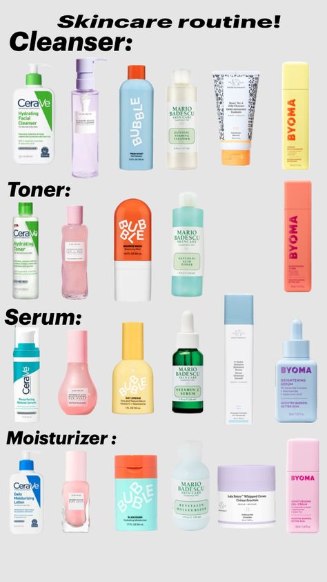 Pick ur skincare routine! (Srry i forgot headband,eye cream, sunscreen, etc i couldnt fit it) #preppy #preppyskincare #cerave #glowrecipe #bubble #mariobadescu #drunkelephant #byoma Bubble Skincare, Skin Care Cleanser, Mario Badescu, Drunk Elephant, Brightening Serum, Foam Cleanser, Glycolic Acid, I Forgot, Facial Skin Care