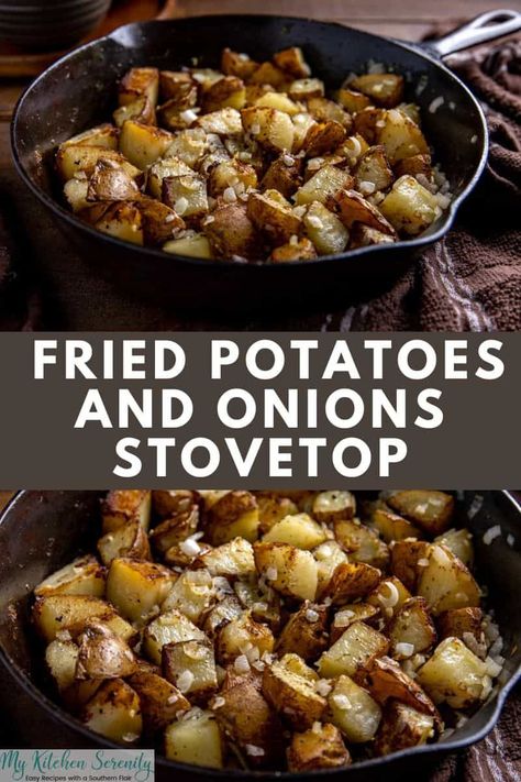 The best fried potatoes and onions are made in a cast iron skillet! Russet potatoes are crispy on the outside and creamy on the inside. Pan Fried Potatoes And Onions, Best Fried Potatoes, Fried Red Potatoes, Spaghetti Shrimp, Fried Potatoes And Onions, Rice Recipes Side, Russet Potato Recipes, Pan Fried Potatoes, Sauteed Potatoes