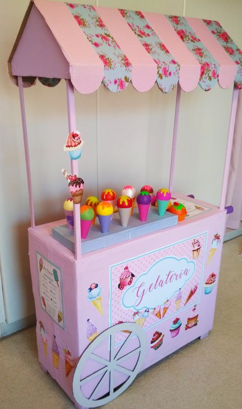 I’ve Cream Cart Diy, Cardboard Box Ice Cream Truck, Diy Ice Cream Stand Cardboard Boxes, Ice Cream Stand Diy, Diy Ice Cream Truck, Diy Ice Cream Stand, Ice Cream Trolley, Ice Cream Birthday Party Theme, Cardboard Diy