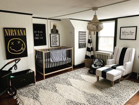 Nursery With Dark Walls, Rocker Nursery Theme, Classic Rock Themed Nursery, Rock Music Nursery, Pop Punk Nursery, 3 Cribs In One Room Ideas, Rockstar Nursery Ideas, Black And Tan Nursery Ideas, Classic Rock Nursery